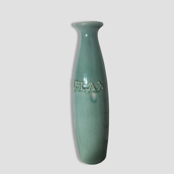Glossy Art Pottery Vase Ceramic "Relax" Imprint Tall Bottle-Neck Seafoam Green - Picture 1 of 9
